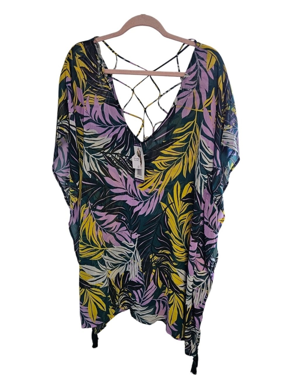 Tropical Leaf Print Crisscross Back Kaftan Tunic - Green, Yellow & Lavender